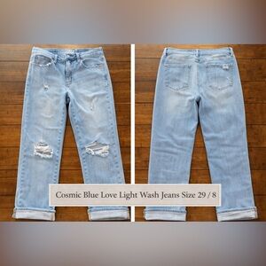 Cosmic Blue Love Light Wash Distressed Jeans Size 29 / 8 High Rise Denim